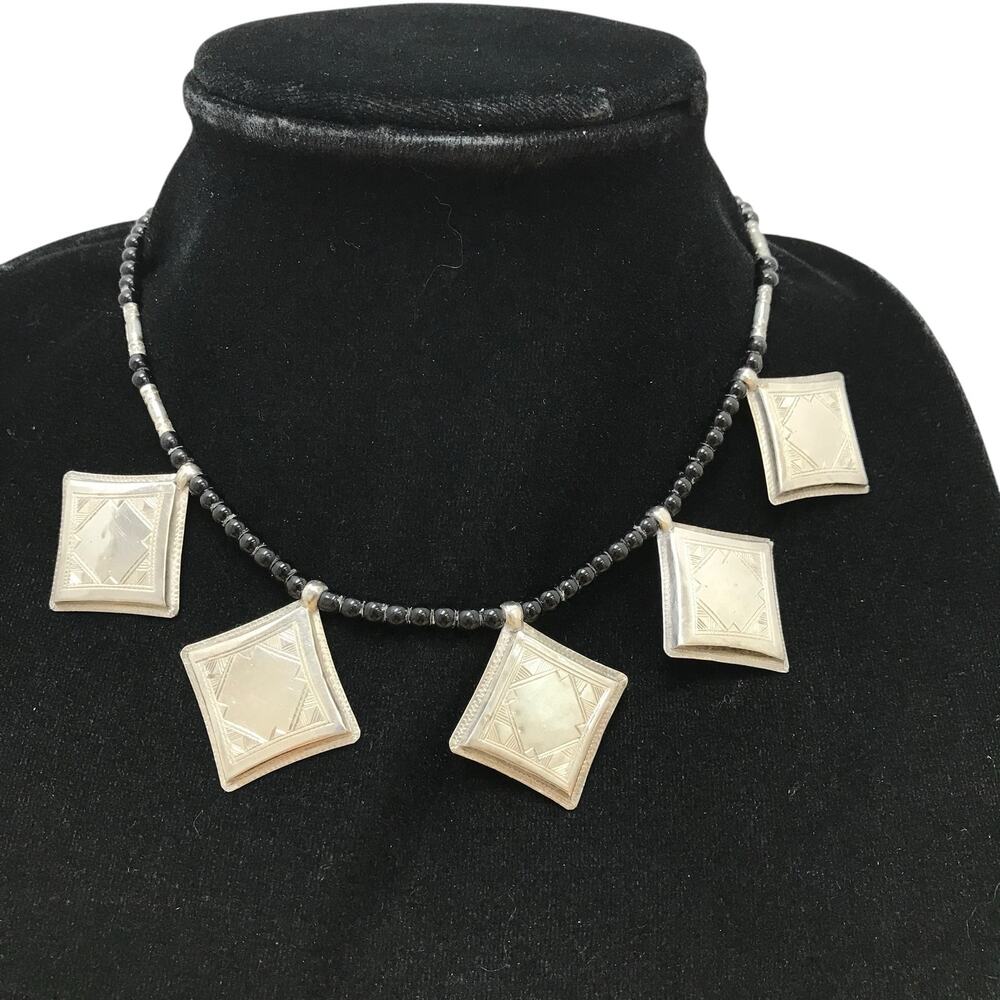 Vintage Tuareg Silver Square Etched Drop Necklace Ten Thousand Villages 16” 29g